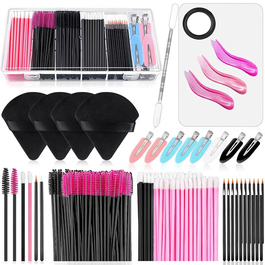 Makeup Applicators Kit, Triangle Makeup Puff Mixing Palette, Eyeline Mascara Wands, Lip Brushes, Hair Clips, Powder Puffs for Face